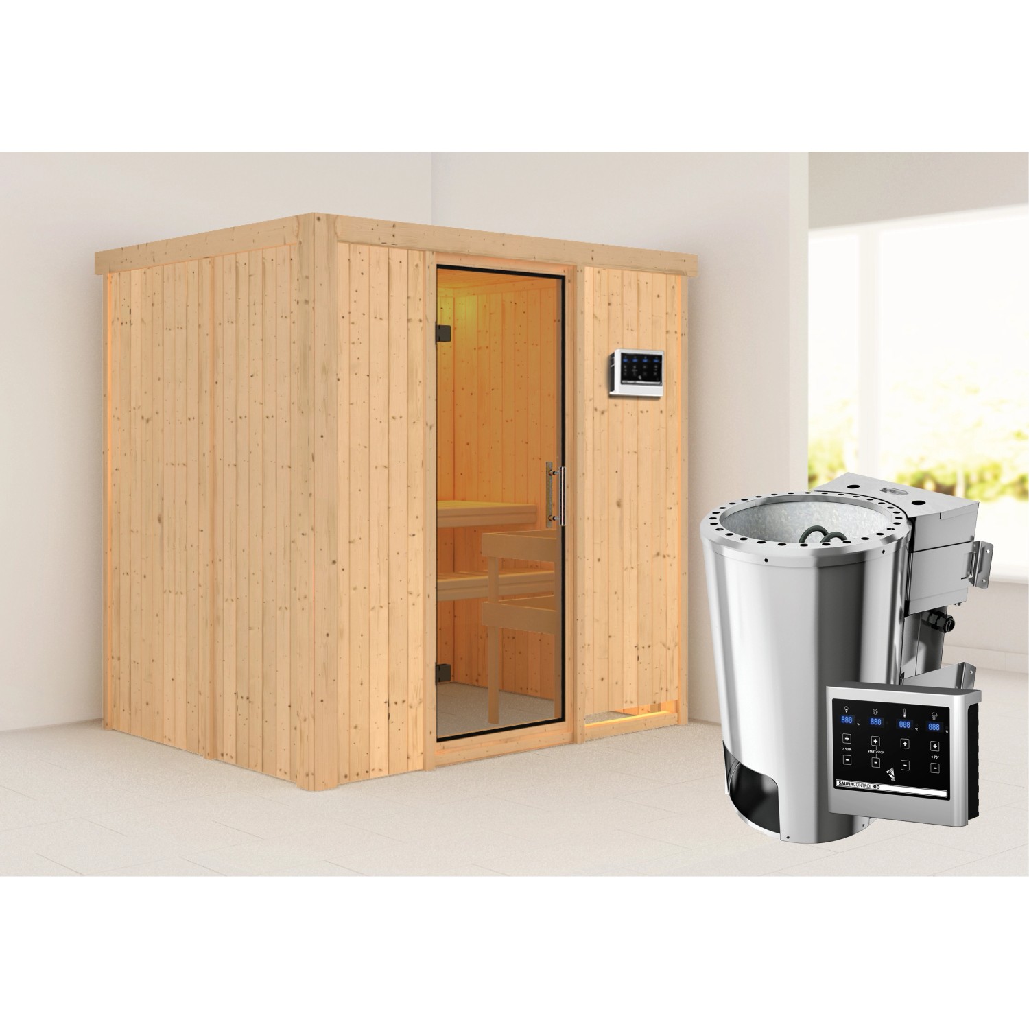 Karibu Sauna Finja mit Bio-Ofen externe Stg.Easy Natur