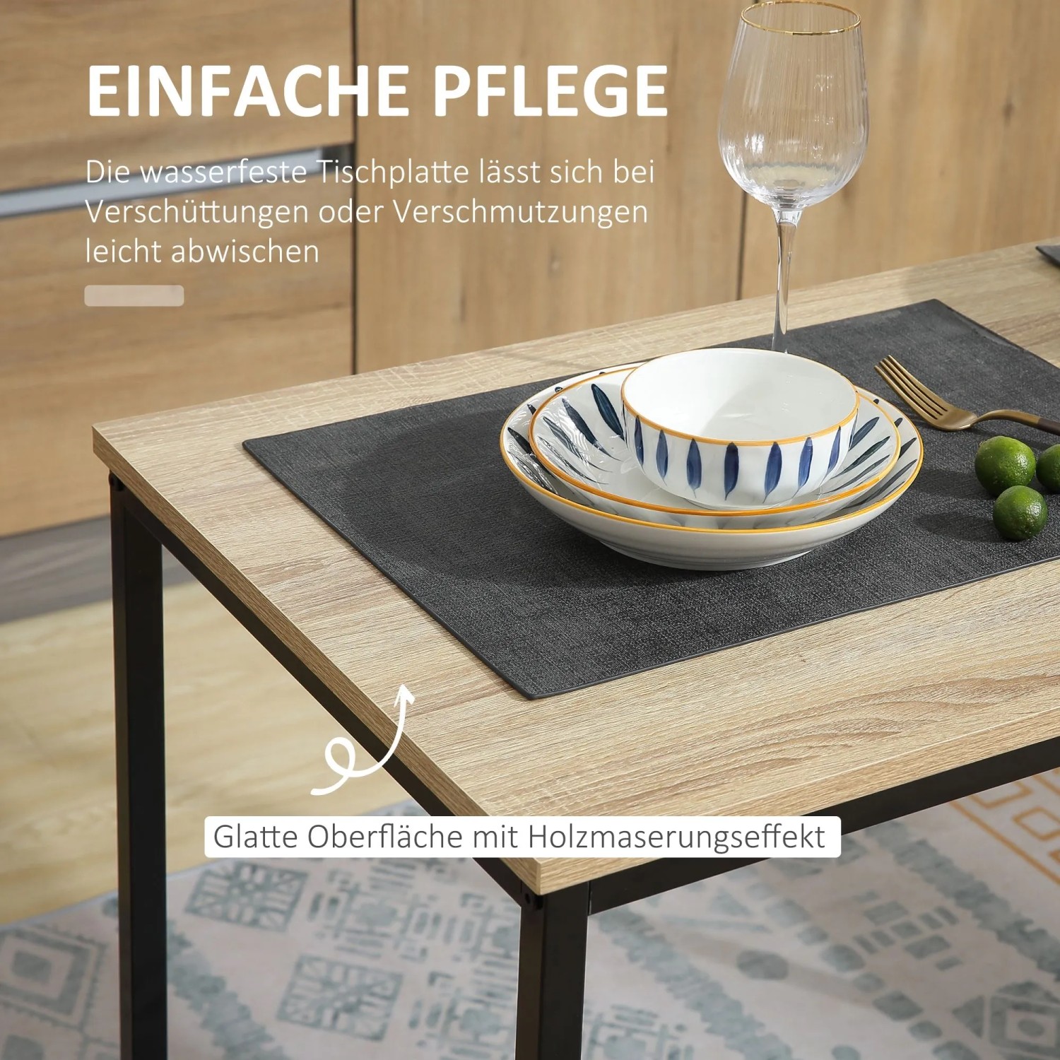 HOMCOM Essgruppe: Eiche Tischplatte mit Holzmaserung, schwarzes Metallgestell. Pflegeleichte Oberfläche für Esszimmer & Küche.