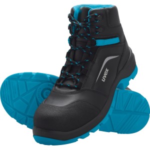 Uvex xenova S3 Sicherheitsstiefel in Schwarz-Blau, Größe 45, für Werkstatt und Baustelle.