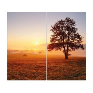 2-teilige Glas Herdabdeckplatte mit Sonnenaufgang Motiv, je 30x52cm.