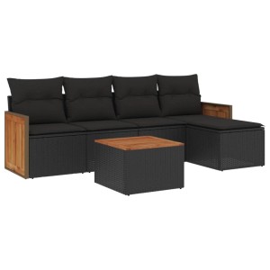 vidaXL Garten-Sofagarnitur, 6-teilig, schwarz, Poly Rattan mit Kissen. Gartenmöbel-Set mit Tisch, Sofas und Hockern.