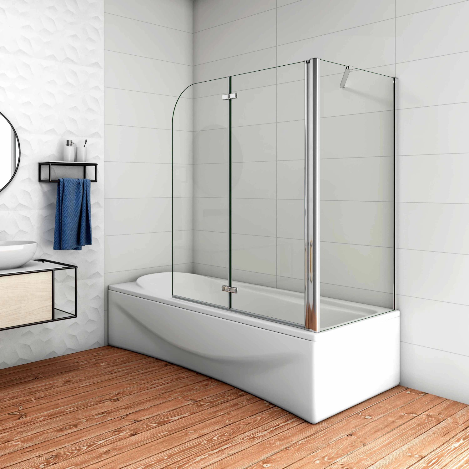 AICA Badewannenaufsatz Faltwand 100x140 mit Seitewand, chromglänzend, 2-teilig. Duschabtrennung für Badewanne.
