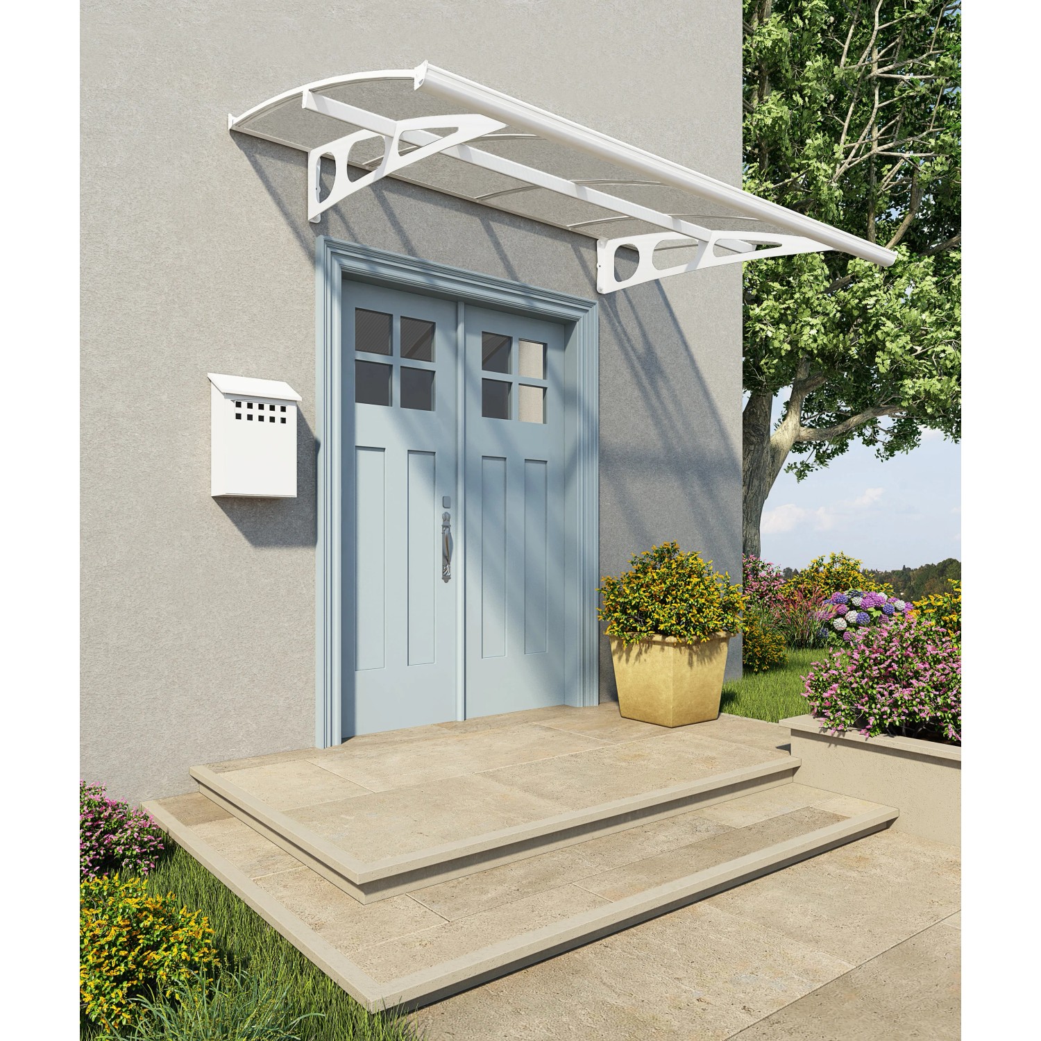 Weißes Palram Canopia Bordeaux Vordach 2.2x1.4 m über einer blauen Haustür.