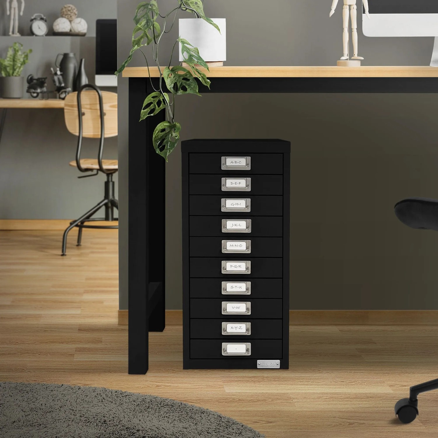 Schwarzer ML-Design Aktenschrank mit 10 Schubladen aus Metall, 28x38x60cm.