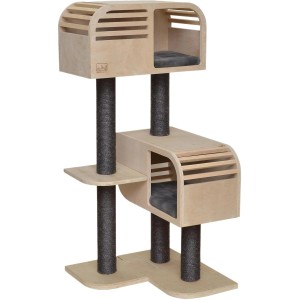 Ebi Katzenkratzbaum Atlas 120 aus Holz mit Sisalstämmen und Liegeflächen mit Kissen.