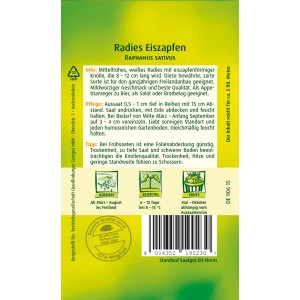 Quedlinburger Radies Eiszapfen Samenpackung mit weißem, länglichem Gemüse.