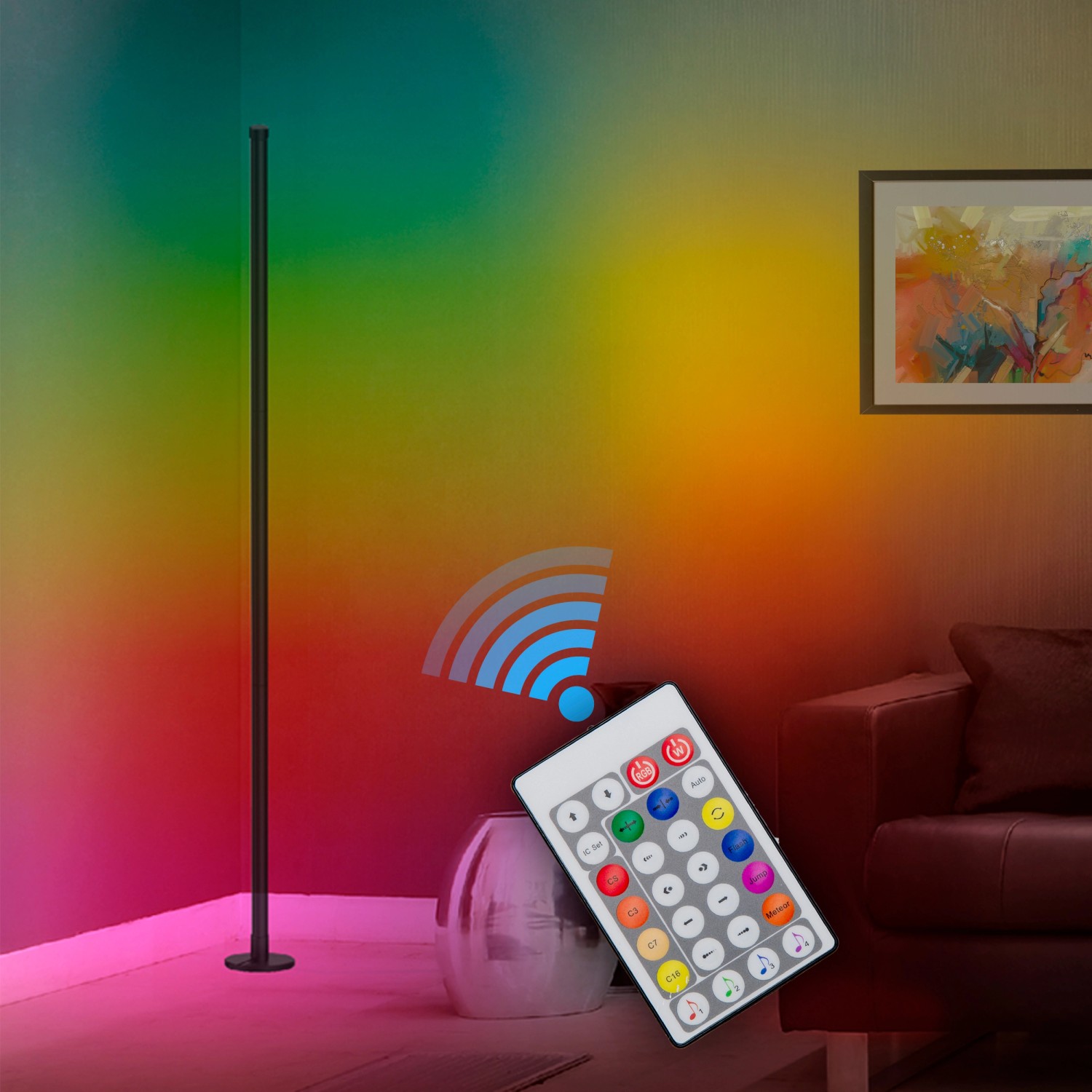 Schwarze LED-Stehleuchte Digital Motion Light mit Fernbedienung und RGB-Farben.