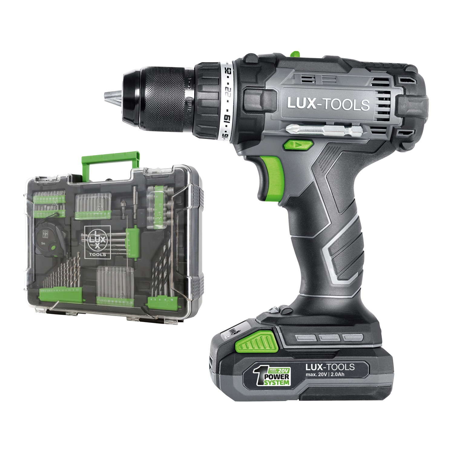 LUX 20V Akku-Bohrschrauber mit Werkzeugkoffer und Akku im Set.