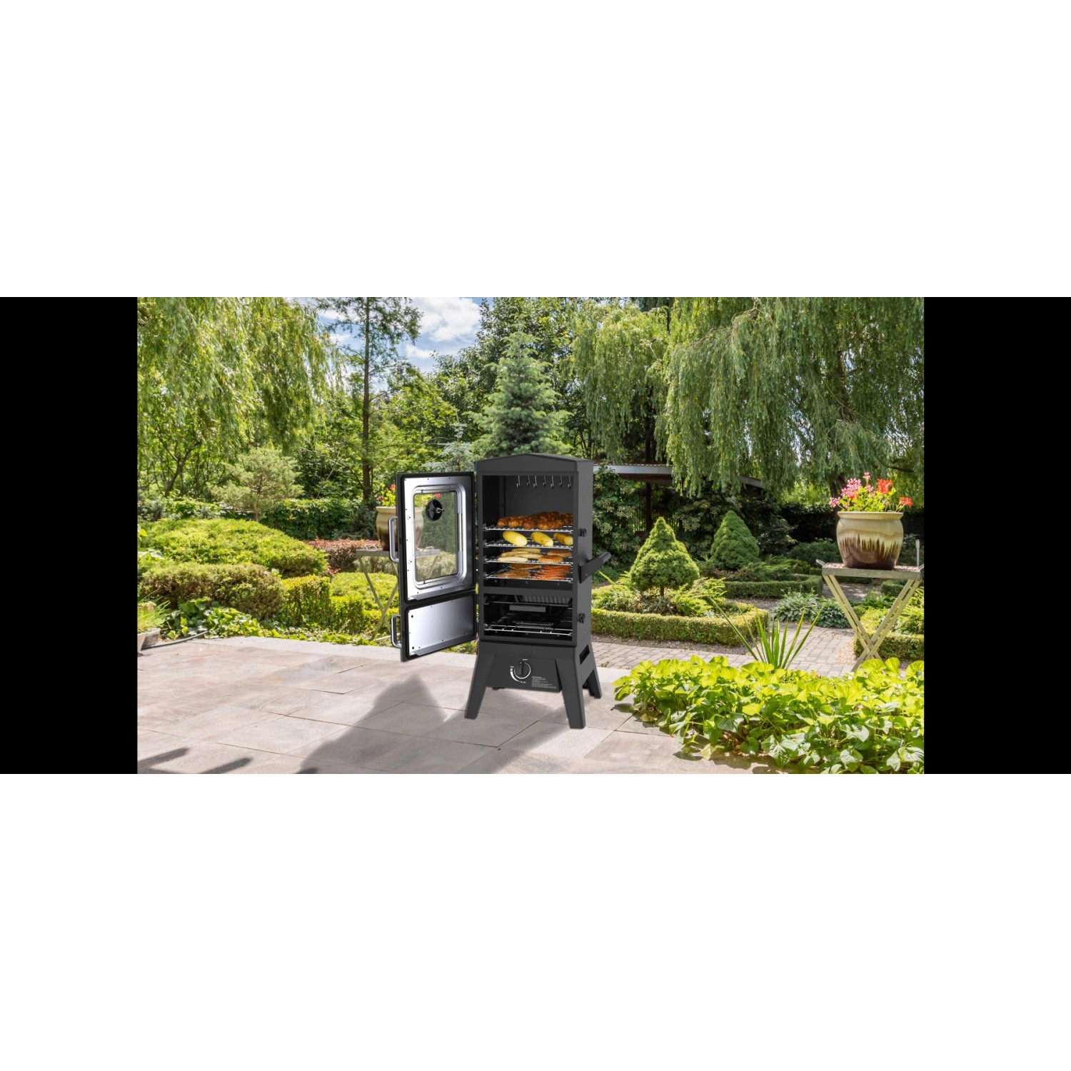 El Fuego Portland W2 Gasgrill/Smoker, schwarz, mit Glasfenster und Speisen im Garraum.