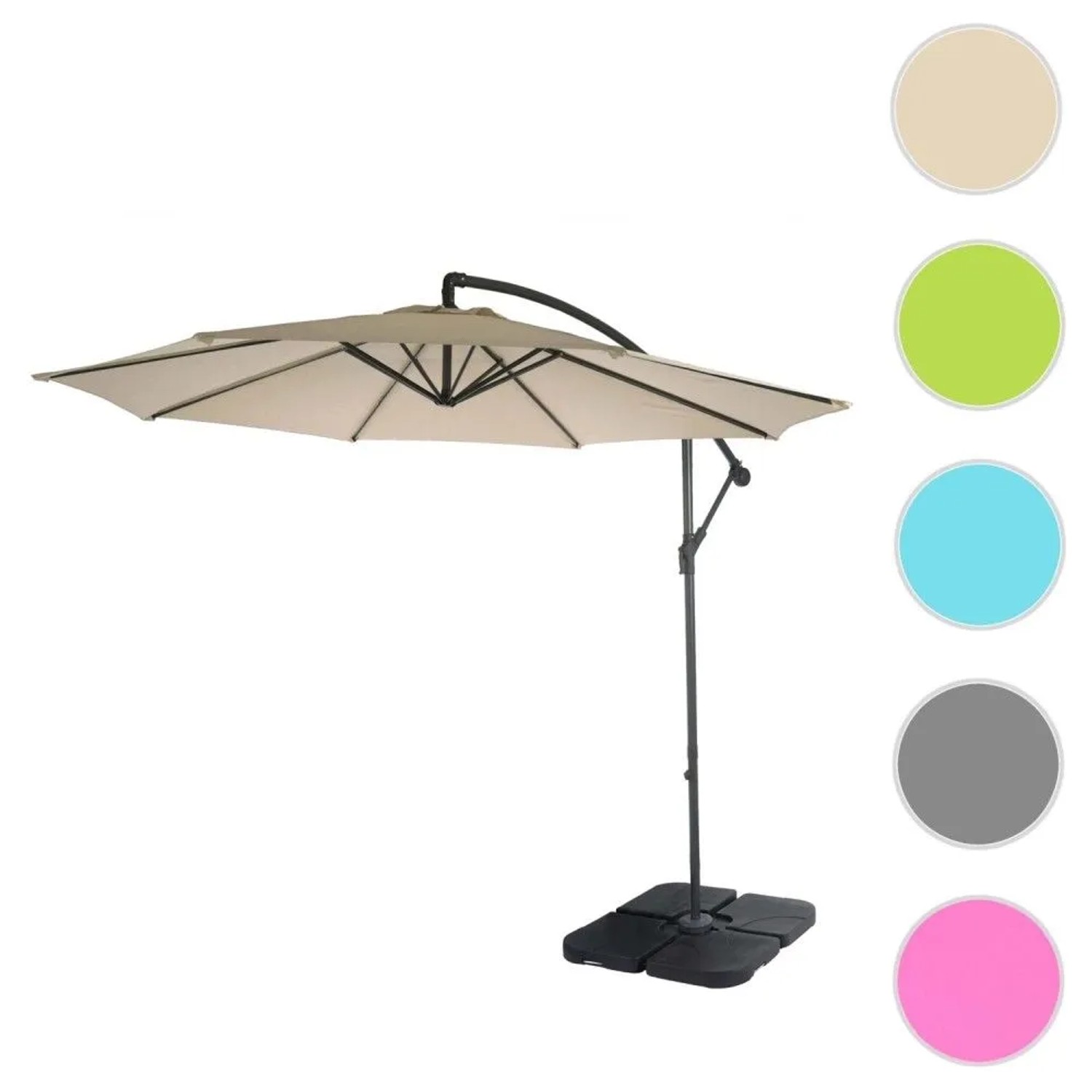Cremefarbener MCW Ampelschirm Terni Ø 3m mit neigbarem Schirmdach und schwarzem Ständer für Garten & Terrasse.
