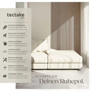 Tectake Akustikpaneele Sonic Wall IV Eiche Hell Holzoptik, schallabsorbierend, mit vertikalen Lamellen an der Wand.