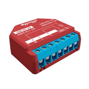 Rotes Shelly Relaismodul Plus 1PM für die Hausautomation, Detailansicht der Anschlüsse.