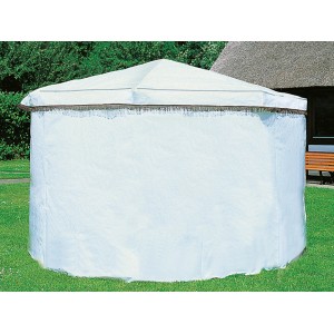 Weißer Wetterschutzumhang für Pavillon Rosenheim, mit geschlossenem Eingang zum Schutz vor Wind und Wetter.