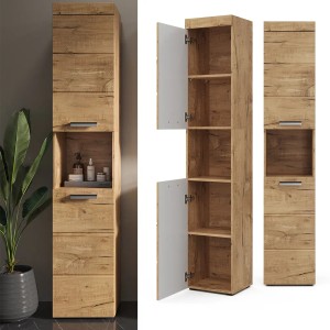 Vicco Badschrank Luna in Eiche, 37x190 cm, mit offenem Fach und Stauraum hinter Türen.