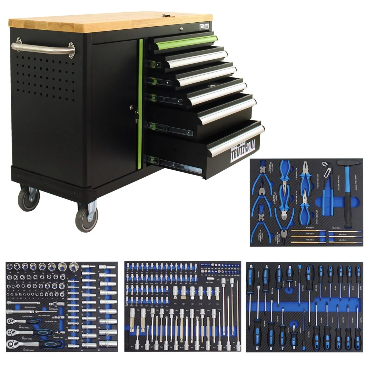 TRUTZHOLM Werkstattwagen Deluxe 6 Schubladen Mit Tür 219 Teile Bestückt Anthrazit Grün