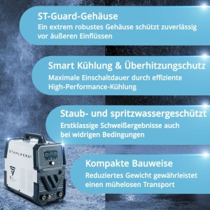 STAHLWERK AC/DC WIG 200 Puls Pro Touch Schweißgerät mit robustem Gehäuse und Smart-Kühlung.