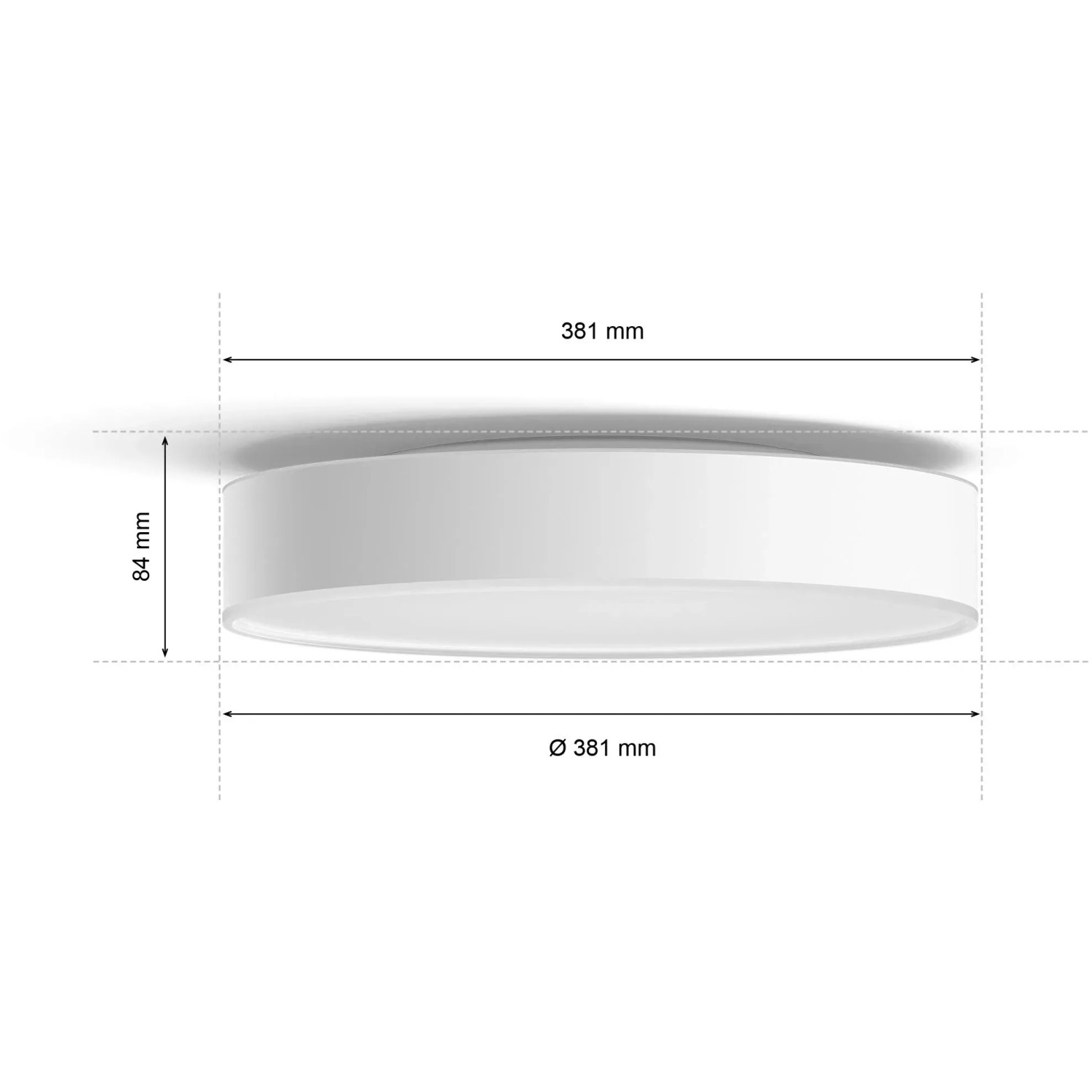 Weiße Philips Hue Devere Deckenleuchte mit Maßangaben (Höhe 84 mm, Durchmesser 381 mm).