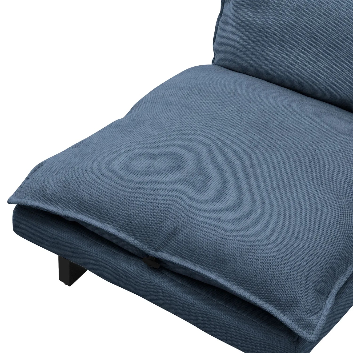 Blauer ML-Design Bodenstuhl mit Leinenbezug und Stahlgestell, Detailansicht.