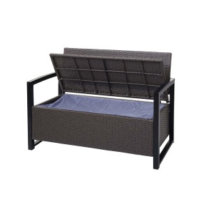 Grau-melierten MCW Poly-Rattan 2er Sitzbank mit Staufach und grauen Kissen.