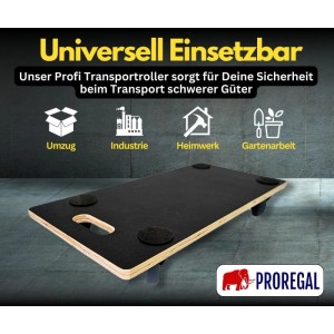 Schwarzer PROREGAL Profi Transportroller aus Holz mit Griff, 4 Rollen, Anti-Rutsch-Pads. Für Umzug, Heimwerk, Industrie.