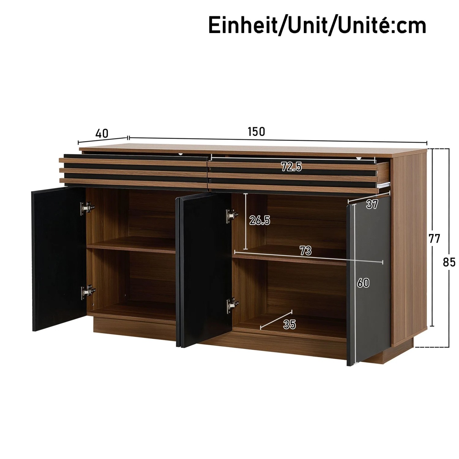 Merax Sideboard 150x85 cm in Braun Holzoptik mit schwarzen Türen und 2 Schubladen. Offene Fächer zeigen Stauraum.