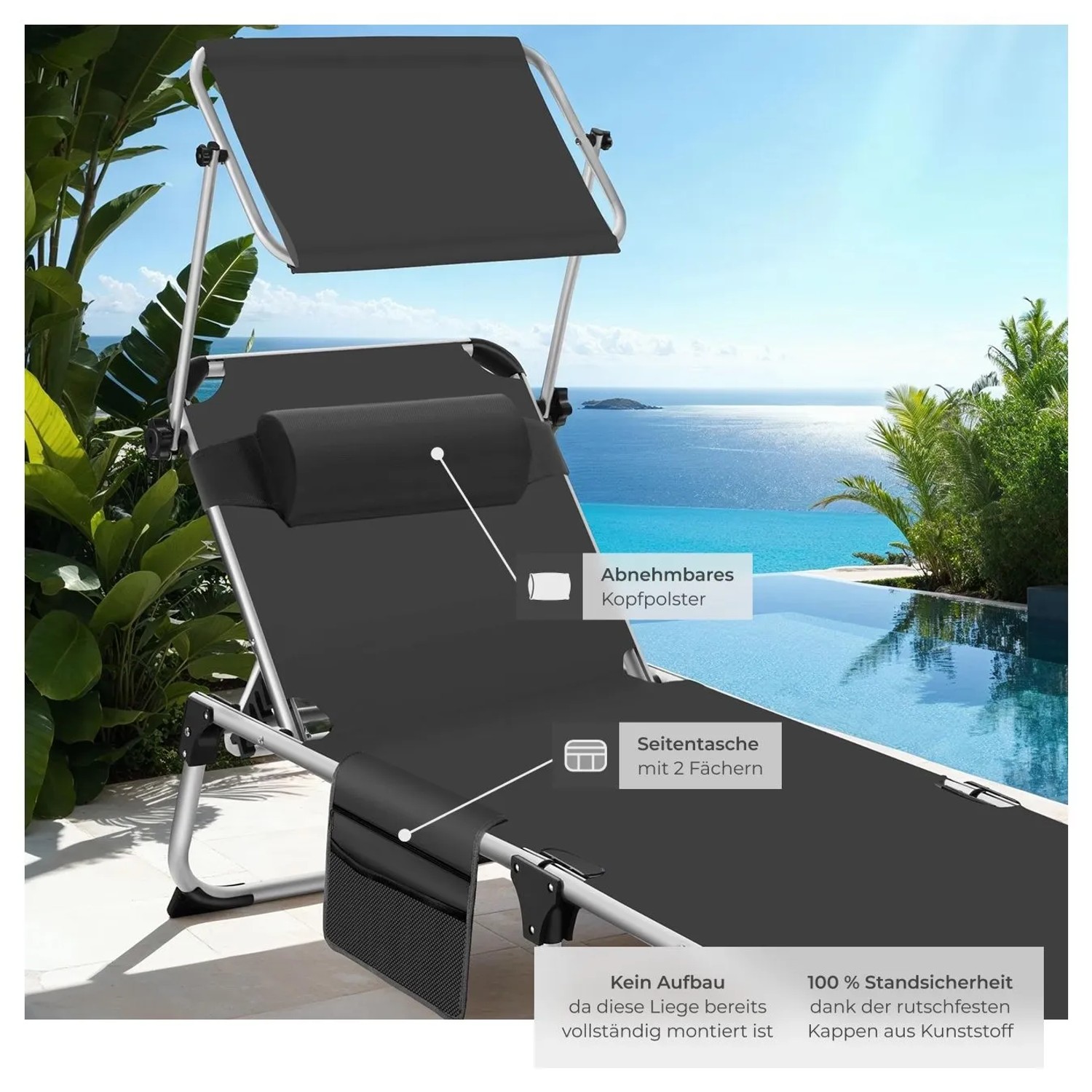 Tectake Aluminium Sonnenliege Aurelie Klappbar  Mit Kopfkissen Wetterfest und Uv Beständig  218 x 60 x 33 50 cm Schwarz_4
