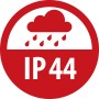 Rotes IP44-Symbol mit Wolke und Regentropfen. Zeigt Spritzwasserschutz für Kabeltrommel auf Baustellen.