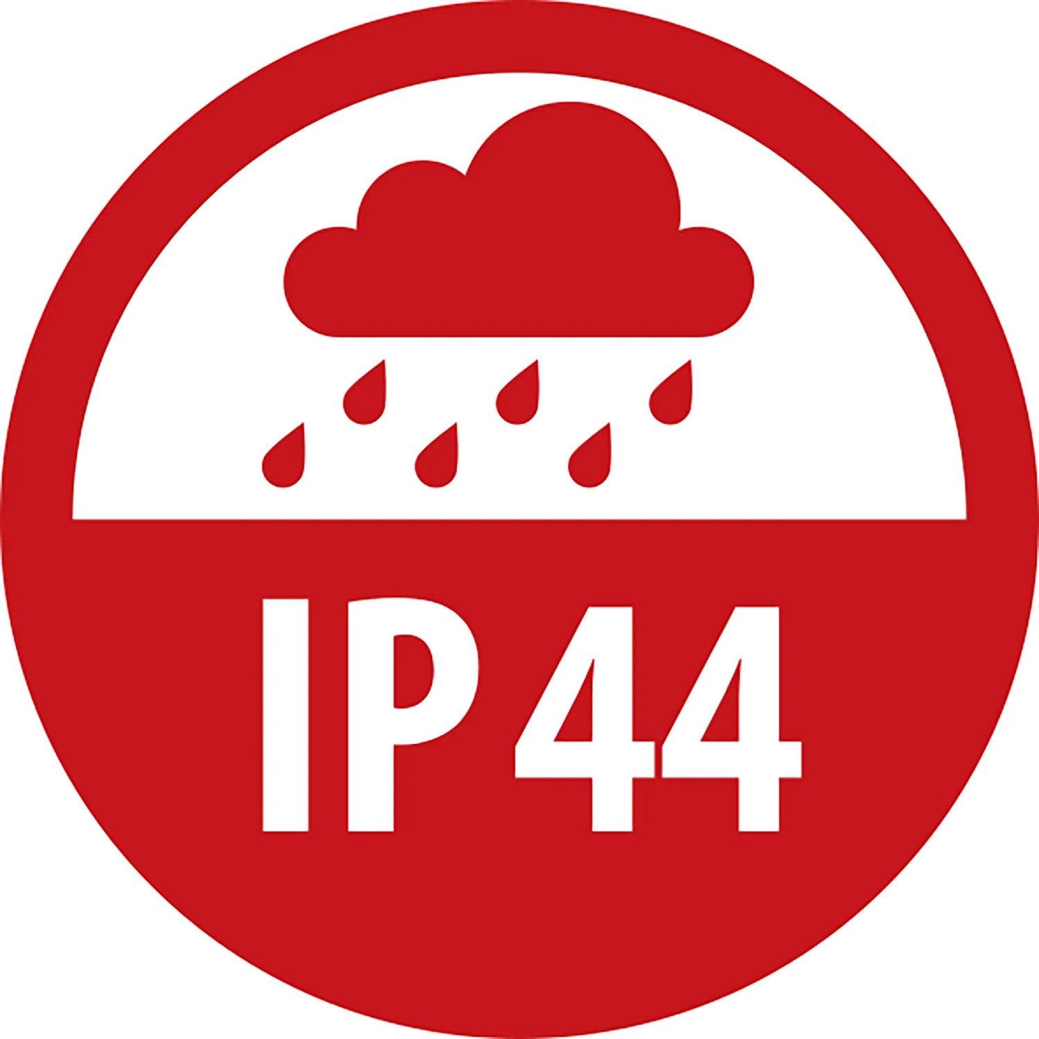 Rotes IP44-Symbol mit Wolke und Regentropfen. Zeigt Spritzwasserschutz für Kabeltrommel auf Baustellen.