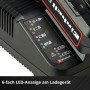Einhell PXC Ladegerät mit 6-facher LED-Anzeige für Akku-Ladezustand. Schwarzes Gehäuse, rote/grüne LEDs, Power X-Change Akku.
