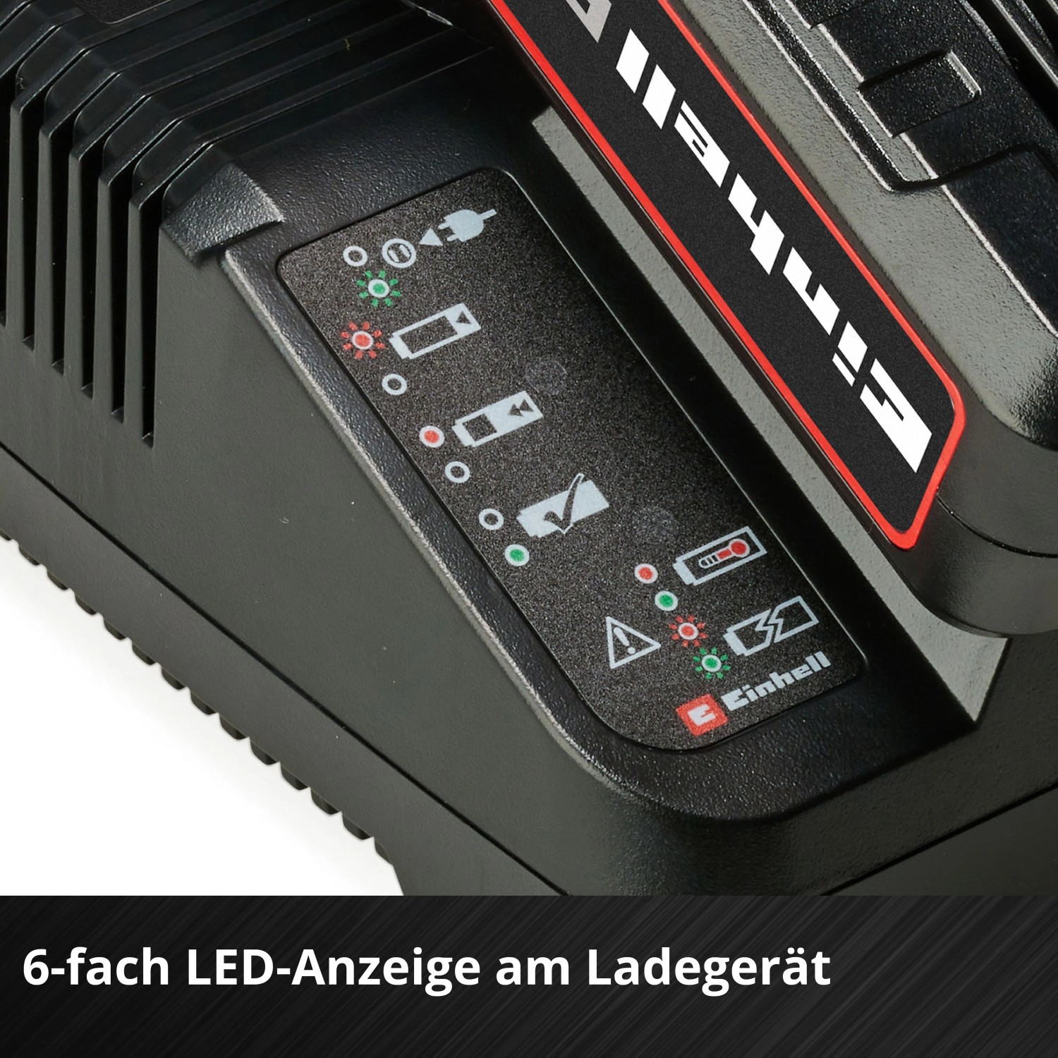 Einhell PXC Ladegerät mit 6-facher LED-Anzeige für Akku-Ladezustand. Schwarzes Gehäuse, rote/grüne LEDs, Power X-Change Akku.