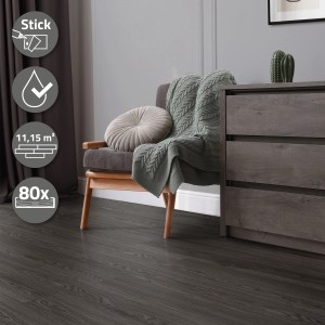 ML-Design PVC Bodenbelag, selbstklebend, Eiche Dunkelgrau. Vinylboden im Wohnraum mit Möbeln.
