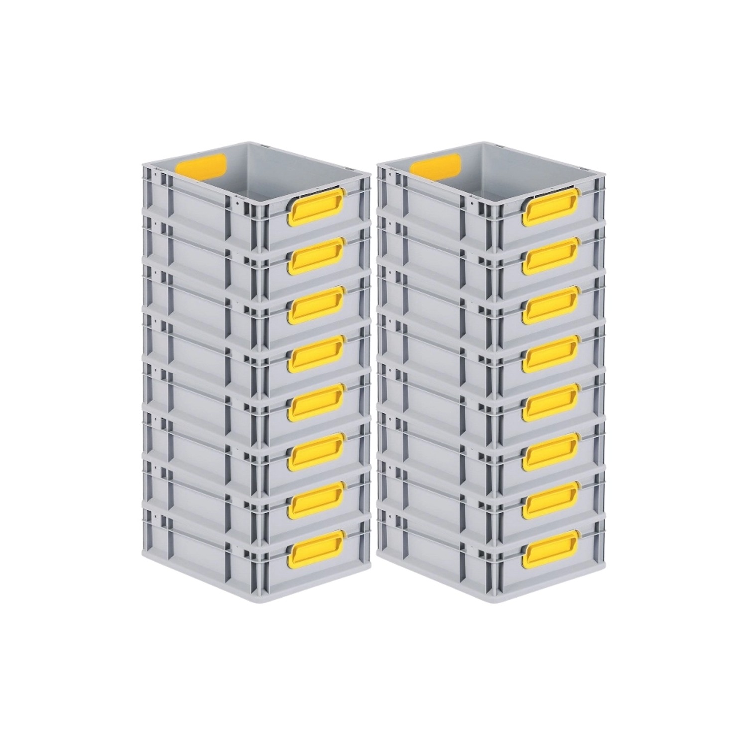 PROREGAL Spar Set: 16 graue Euroboxen mit gelben Griffen, 11 Liter, gestapelt. Aufbewahrungsboxen für Industrie und Gewerbe.