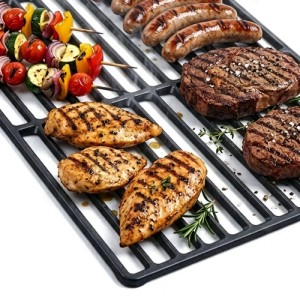 Taino BRANDO 4+1 Gusseisen Grillrost 2-tlg. 60x34cm mit Grillgut für perfektes Branding.