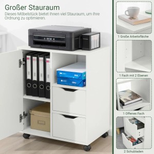 Weißer SoBuy Rollcontainer mit 2 Schubladen, Tür, offenem Fach und Drucker auf der Ablage für Büro.