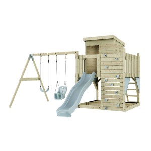 PolarPlay Spielturm Björn mit Babyschaukel und Rutsche, aus Holz.