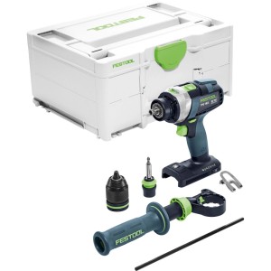 Festool Akku Schlagbohrschrauber TPC 18 4 I Basic QUADRIVE Set in Dunkelgrau/Grün mit Systainer, Bohrfutter, Handgriff.
