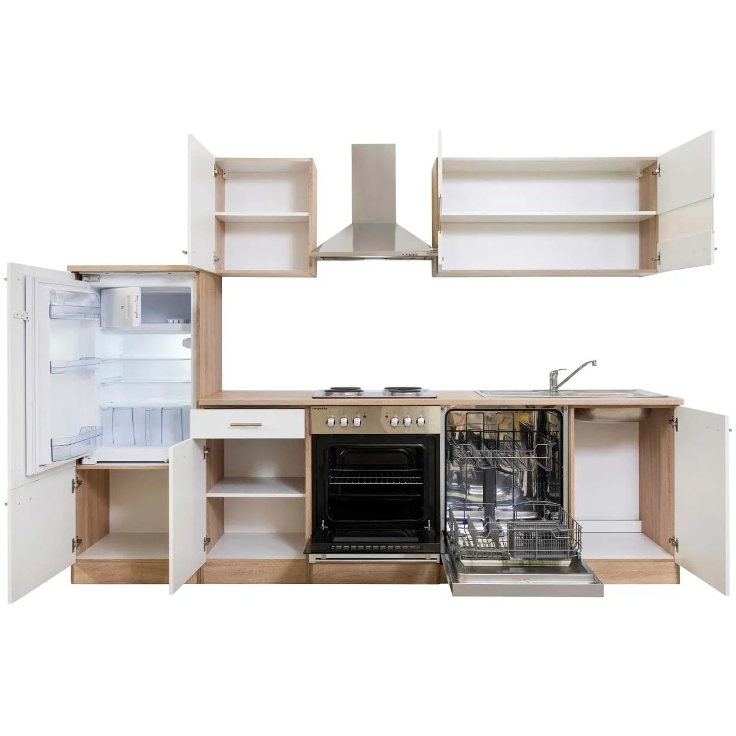 Respekta Küchenzeile LBKB280ESW, 280 cm, Weiß und Eiche Sonoma Dekor, ohne E-Geräte.