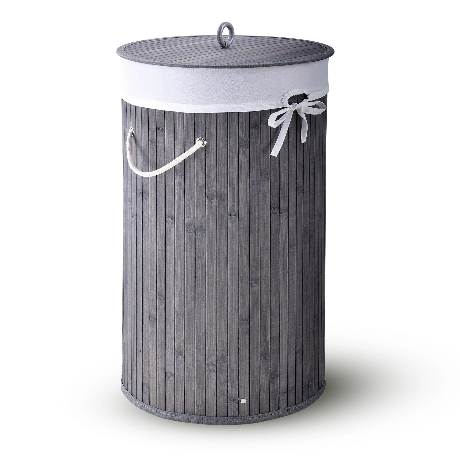 Juskys Bambus Wäschekorb Curly Round Grau mit Wäschesack und Tragegriffen