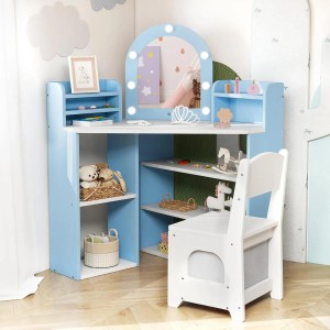 Costway Eck-Schminktisch für Kinder mit LED-Spiegel und Stuhl, blau-weiß. Kindermöbel mit Stauraum.