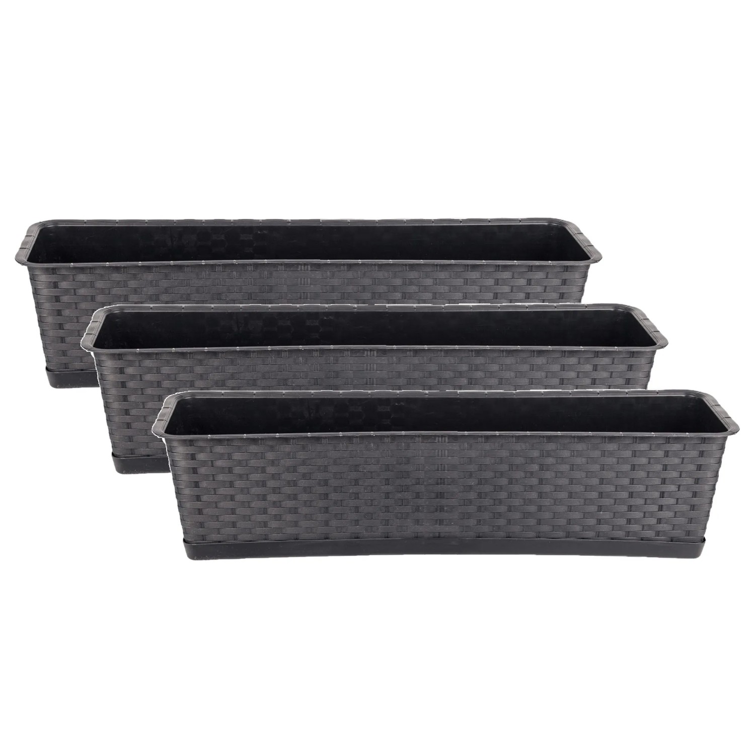 BigDean 3er Set Blumenkasten mit Untersetzer 70 cm Lang Rattan Optik Anthrazit aus PP Kunststoff Balkon Pflanzkasten Schmal Balkonkasten