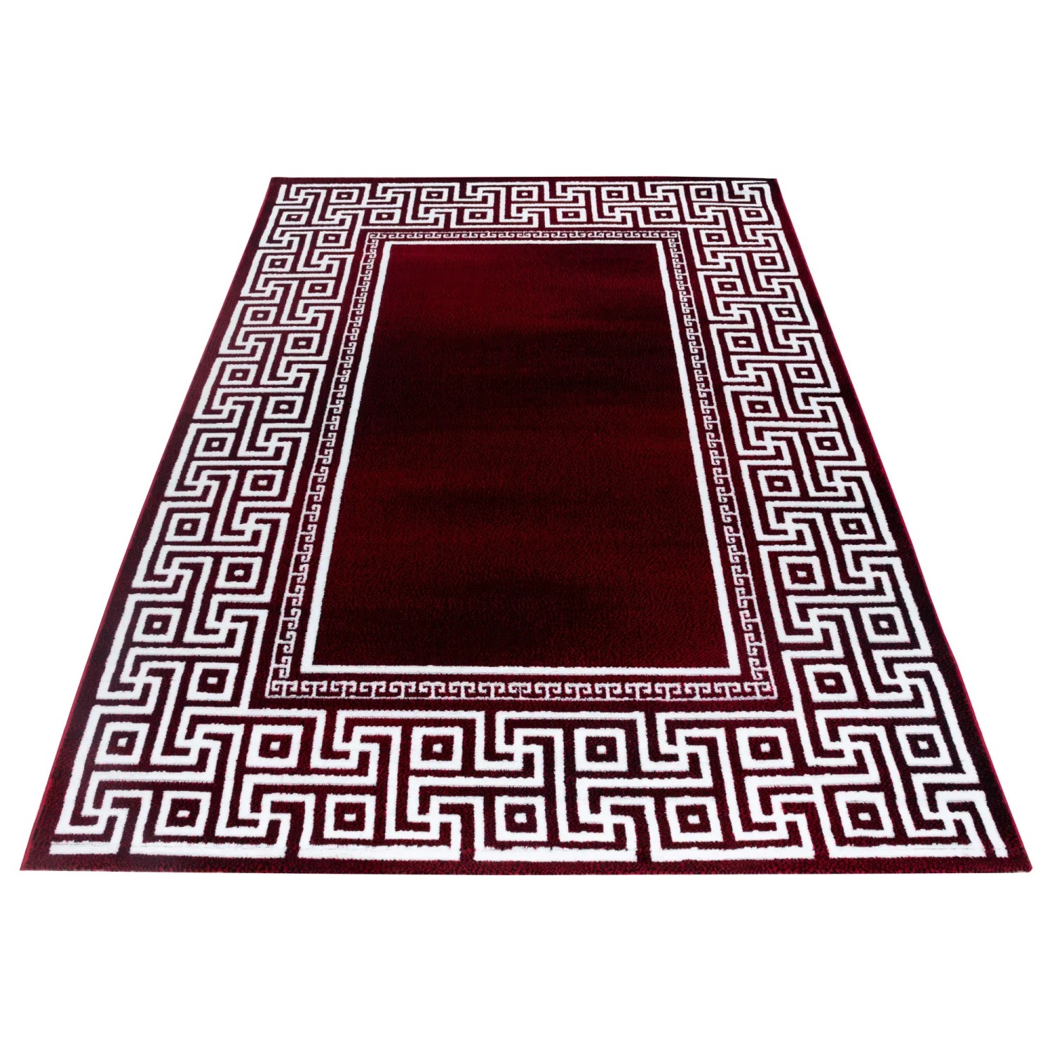 Roter Ayyildiz Kurzflorteppich Parma mit weißem, griechischem Muster, 120x170 cm.