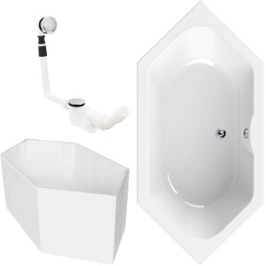 Calmwaters Sechseck-Badewanne 190x90 cm Set mit Wannenträger und Ablaufgarnitur.