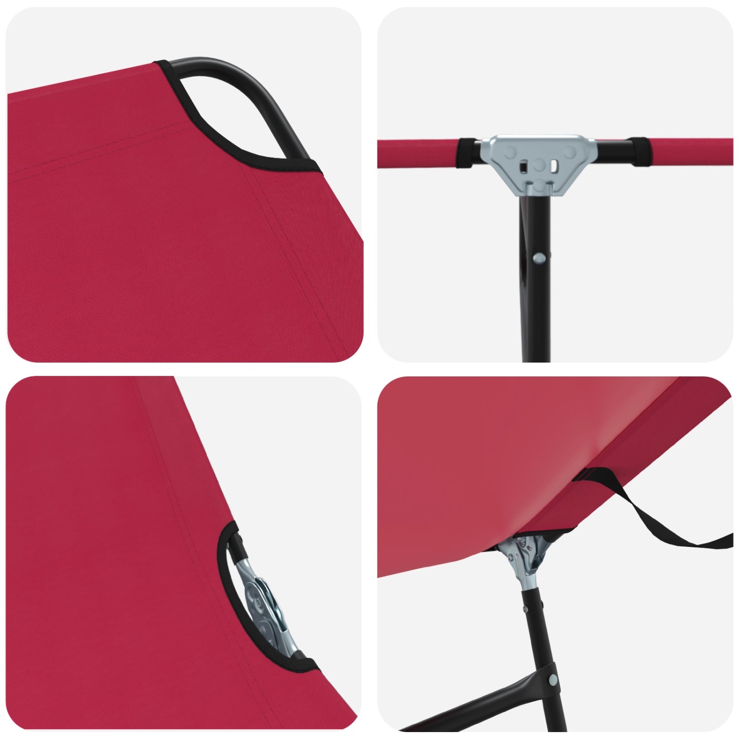 Detailansicht der roten vidaXL Klappliege mit Oxford-Gewebe und Metallgestell.