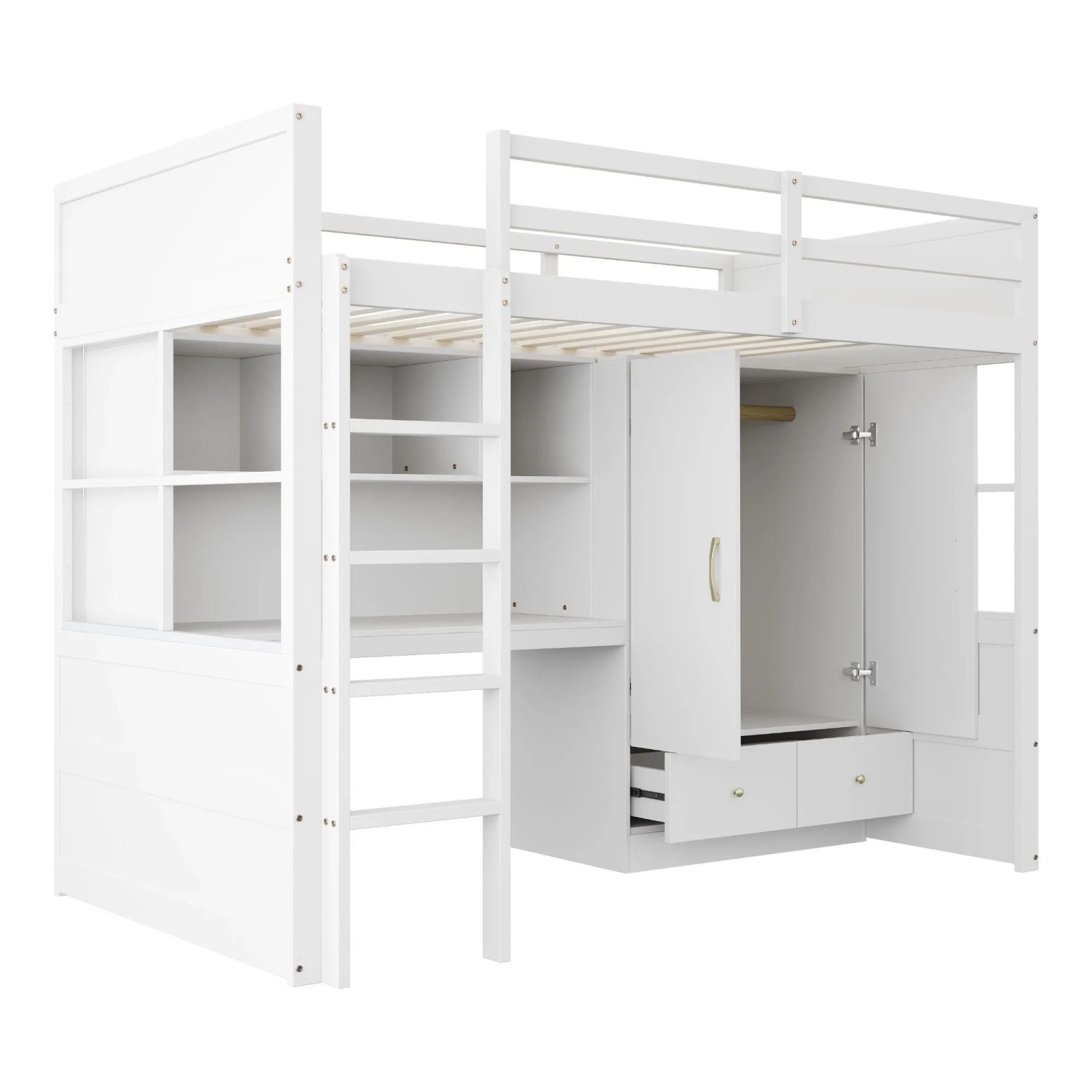 Merax Hochbett 90x200cm Schreibtisch Schrank Weiß