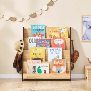 SoBuy Kinder Bücherregal mit 4 Fächern und Haken, Kiefernholz natur. Ideal zur Aufbewahrung von Kinderbüchern.
