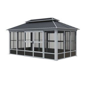 Sojag Pavillon Olan 1017, grau-schwarz, mit Doppeldach, Schiebetüren und Moskitonetzen.