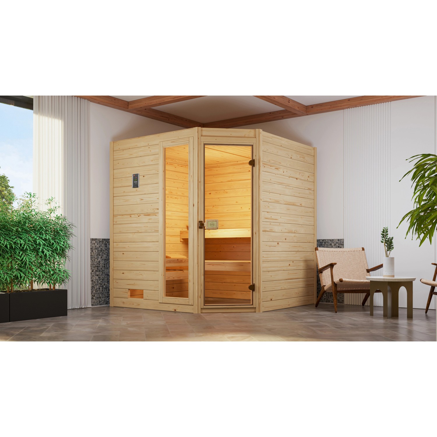 Weka Massivholzsauna Valida Eck 1.8 Sparset 4,5 kW OS Glastür/Fenster günstig online kaufen