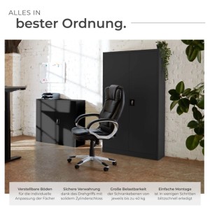 Schwarzer Tectake Aktenschrank aus Stahl mit zwei Flügeltüren im Büro.