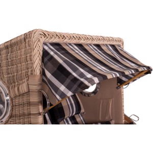 Detailansicht Strandkorb Rantum Teak mit PE-Geflecht und gestreifter Markise.