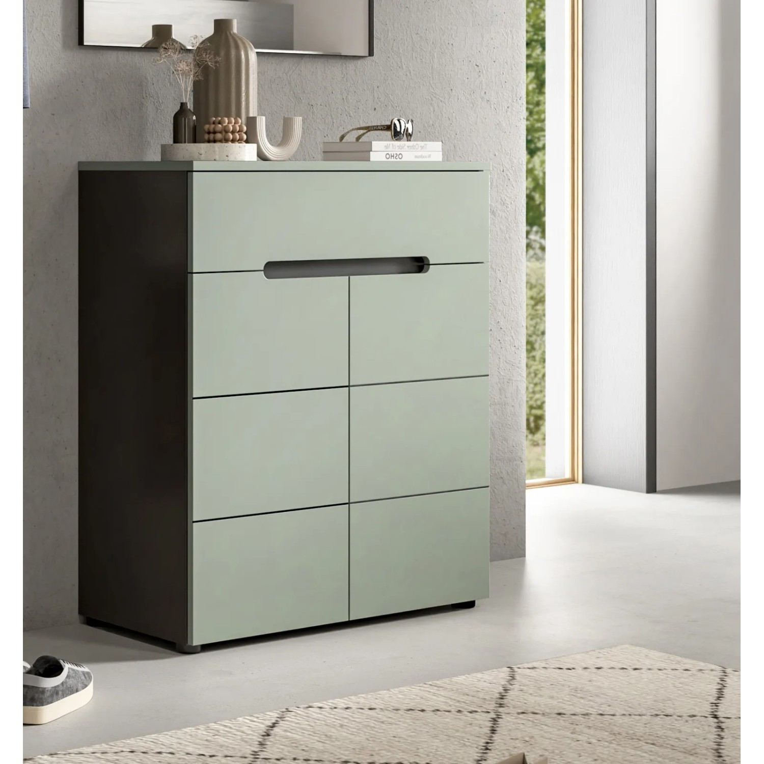 Inn.Furn Schuhkommode Cooper in Salbei und Grau, 80 cm breit. Schuhschrank mit Schublade und Türen.